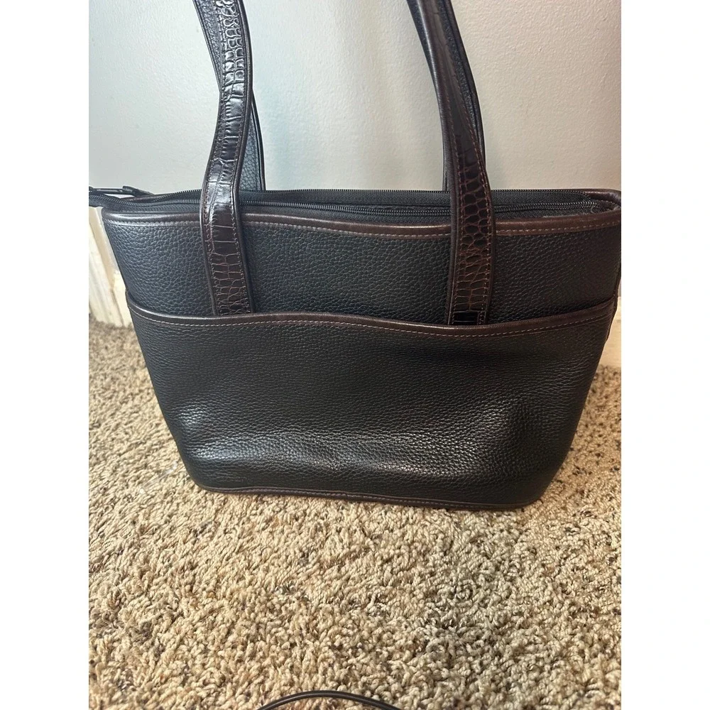 Brighton Black Pebbled Leather Croc Trim Tote Bag Floral Lining A510698